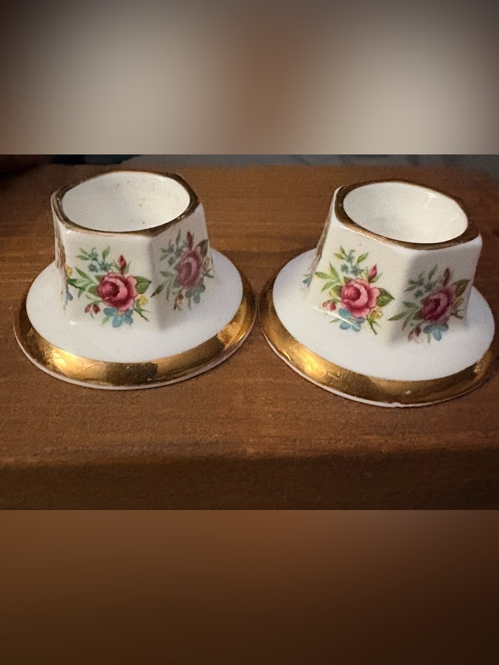 Vintage Floral Bone China Sanford  taper Candle Holders with Gold Trim